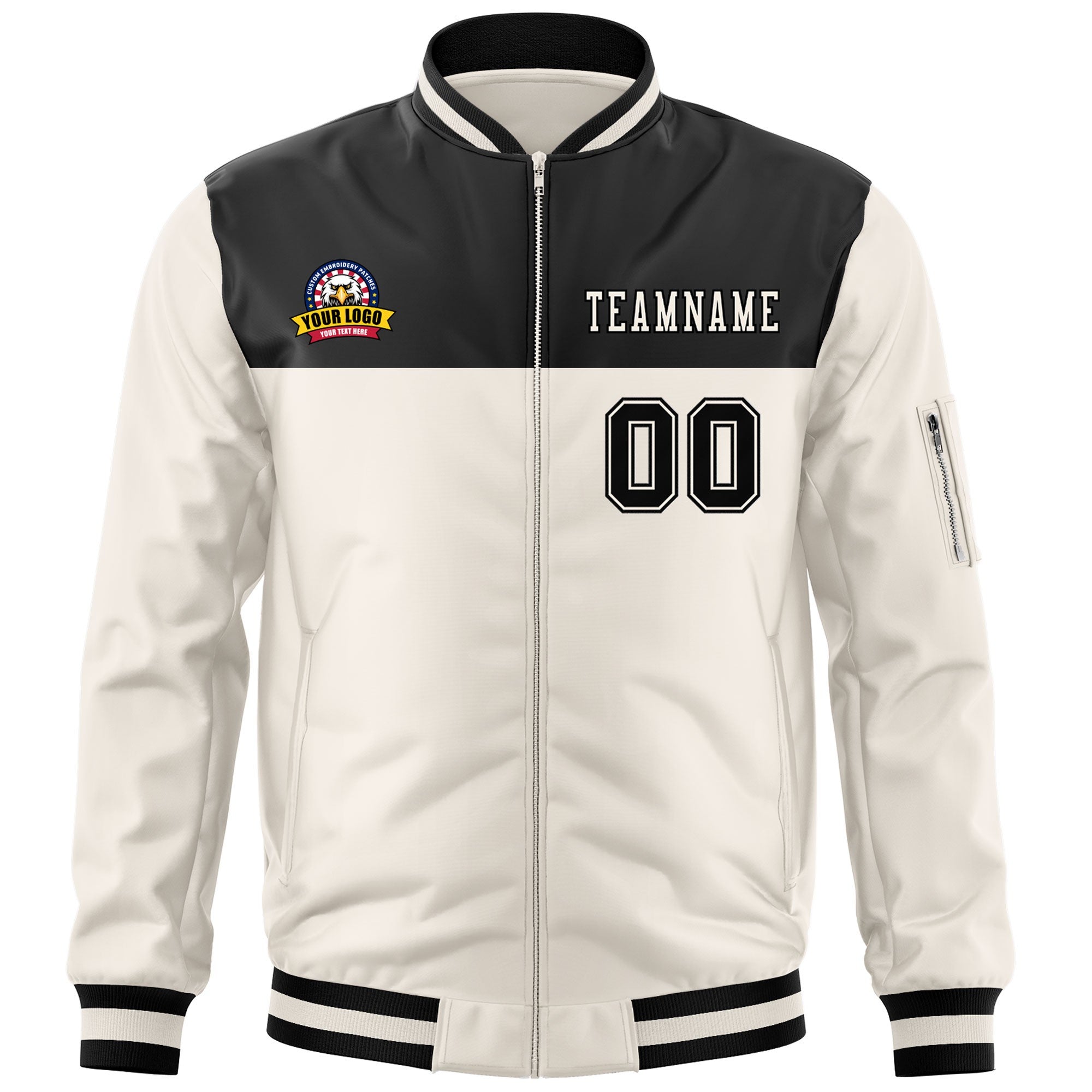 Custom Black Cream Varsity Full-Zip Color Block Letterman Bomber Jacket