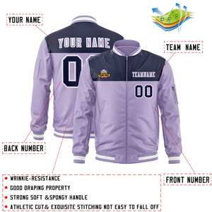 Custom Navy Purple Varsity Full-Zip Color Block Letterman Bomber Jacket