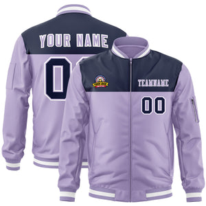 Custom Navy Purple Varsity Full-Zip Color Block Letterman Bomber Jacket