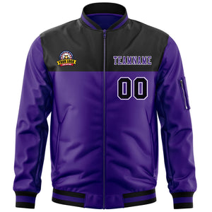 Custom Black Purple Varsity Full-Zip Color Block Letterman Bomber Jacket