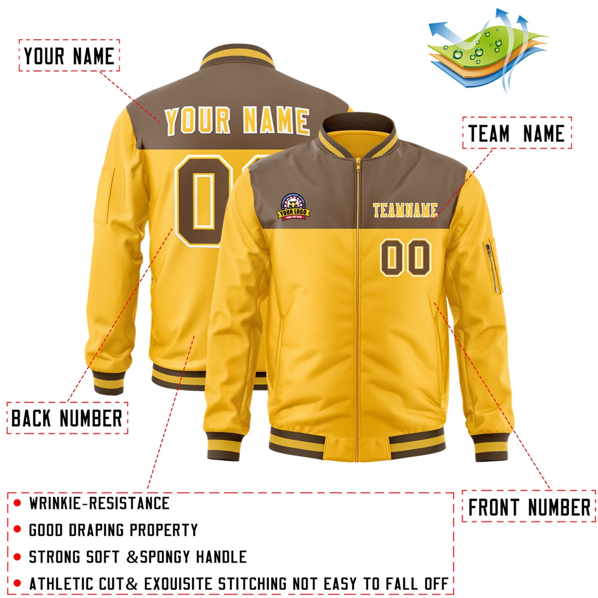 Custom Brown Yellow Varsity Full-Zip Color Block Letterman Bomber Jacket