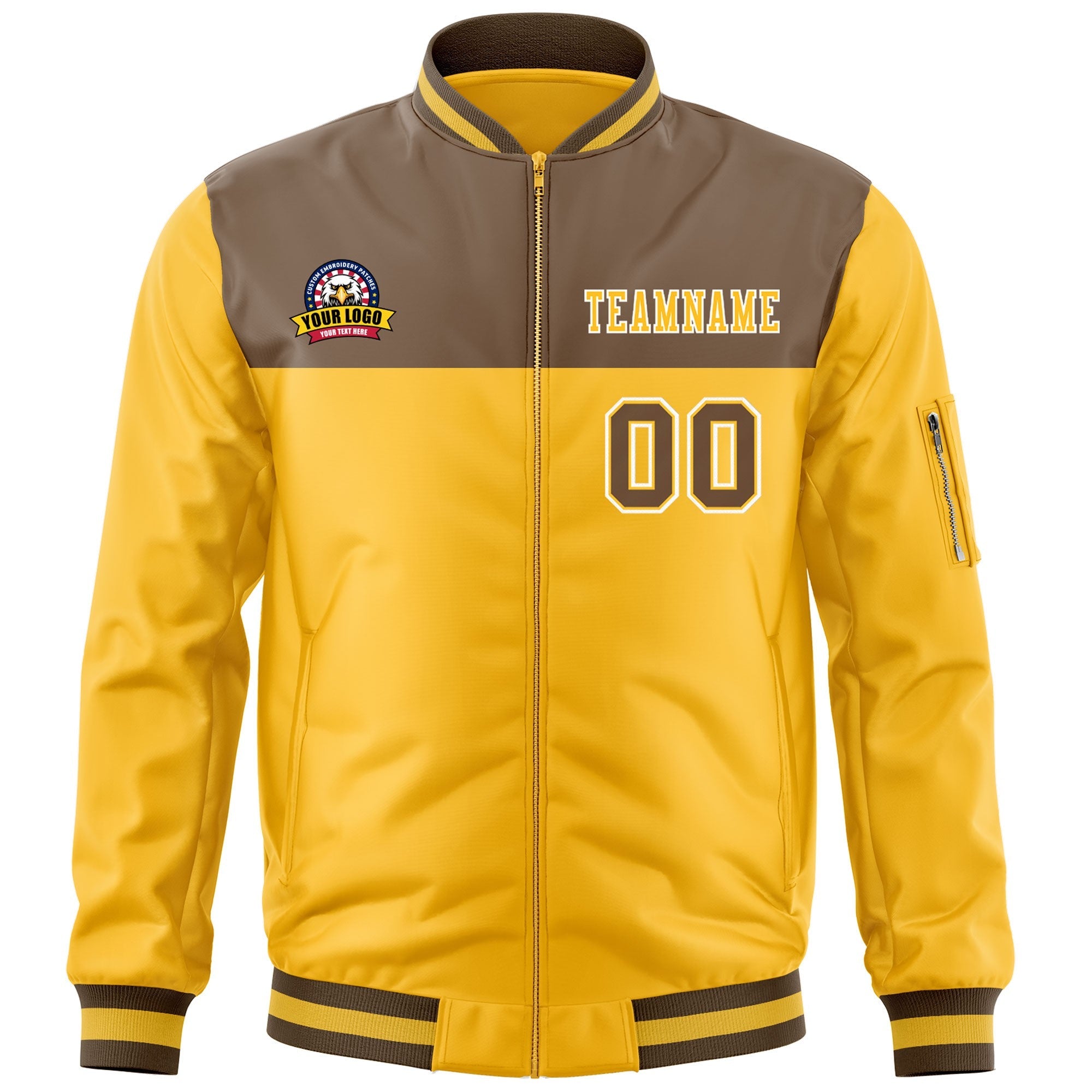 Custom Brown Yellow Varsity Full-Zip Color Block Letterman Bomber Jacket