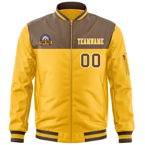 Custom Brown Yellow Varsity Full-Zip Color Block Letterman Bomber Jacket