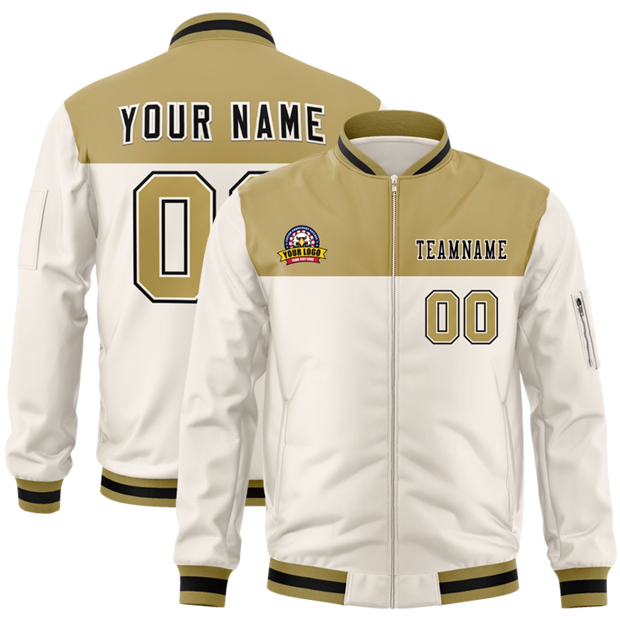 Custom Old Gold Cream Varsity Full-Zip Color Block Letterman Bomber Jacket