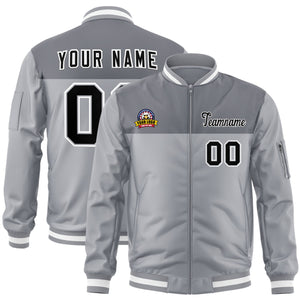 Custom Gray Black Varsity Full-Zip Color Block Letterman Bomber Jacket