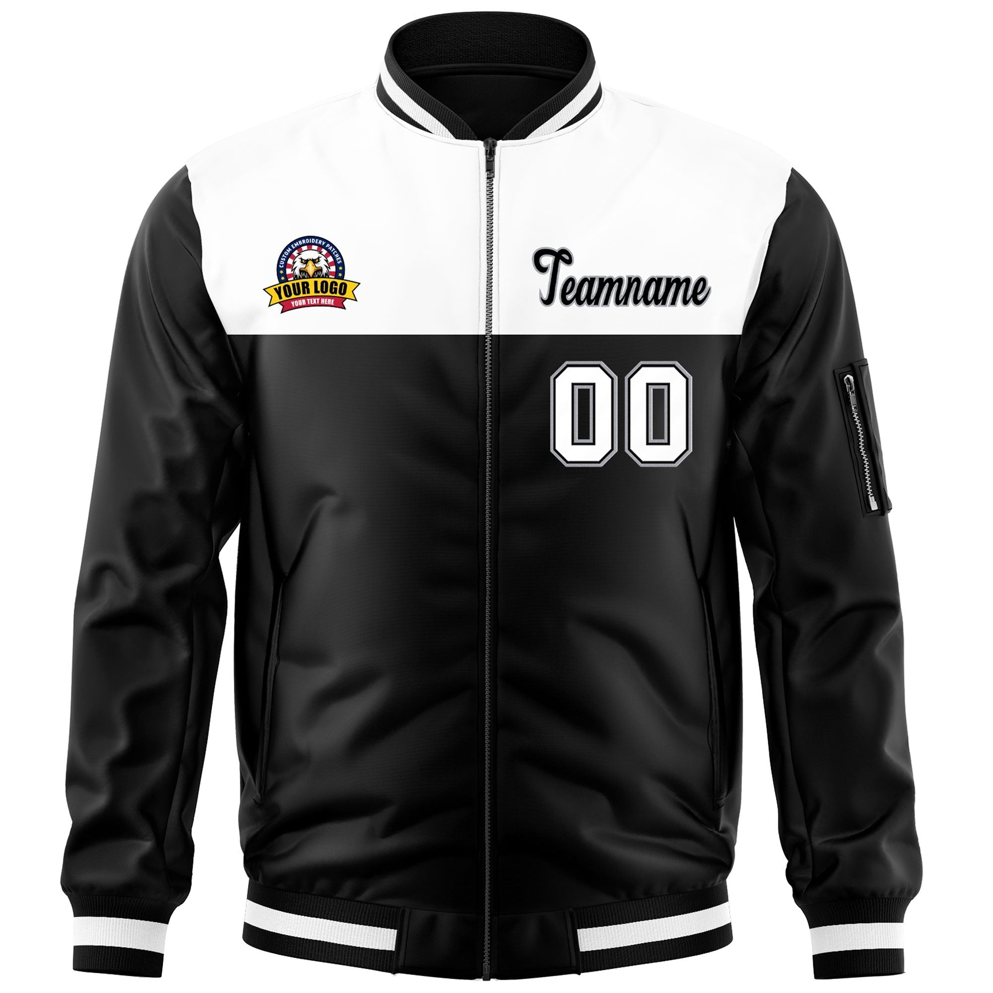 Custom White Black Varsity Full-Zip Color Block Letterman Bomber Jacket