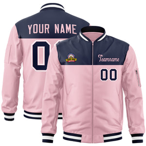 Custom Navy Pink Varsity Full-Zip Color Block Letterman Bomber Jacket