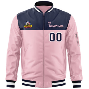 Custom Navy Pink Varsity Full-Zip Color Block Letterman Bomber Jacket