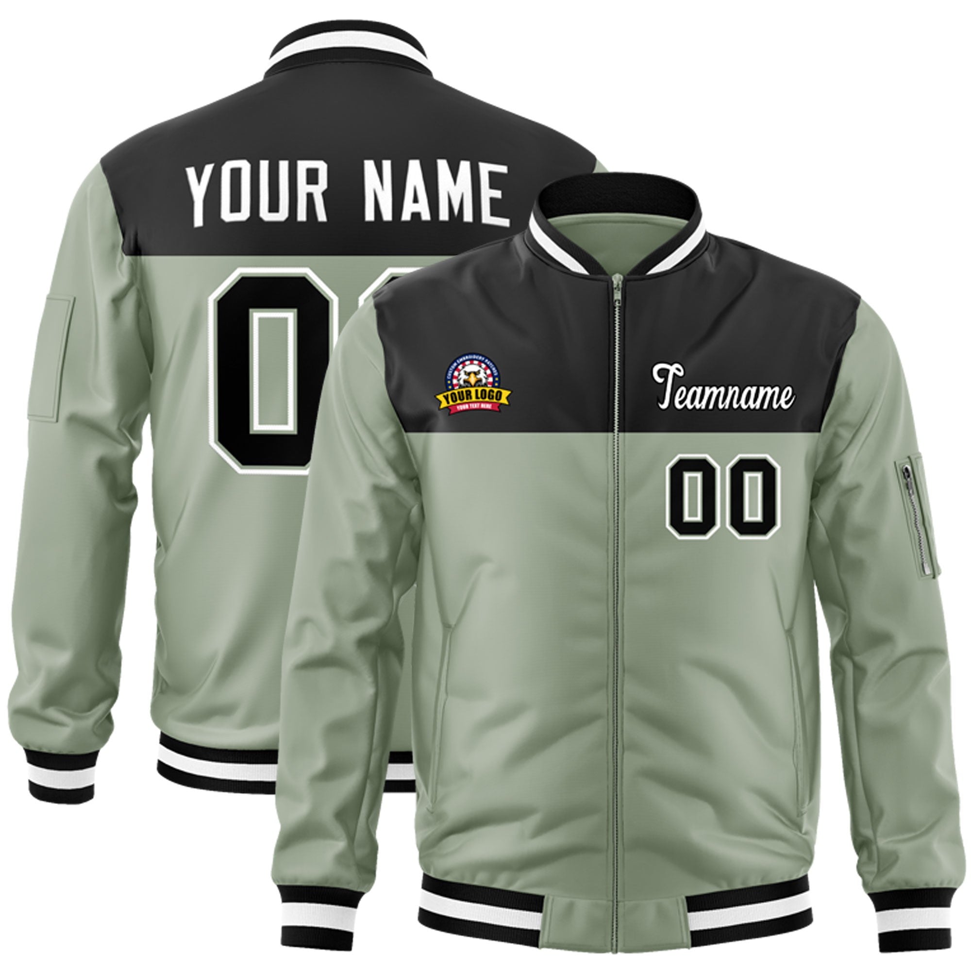 Custom Black Green Varsity Full-Zip Color Block Letterman Bomber Jacket