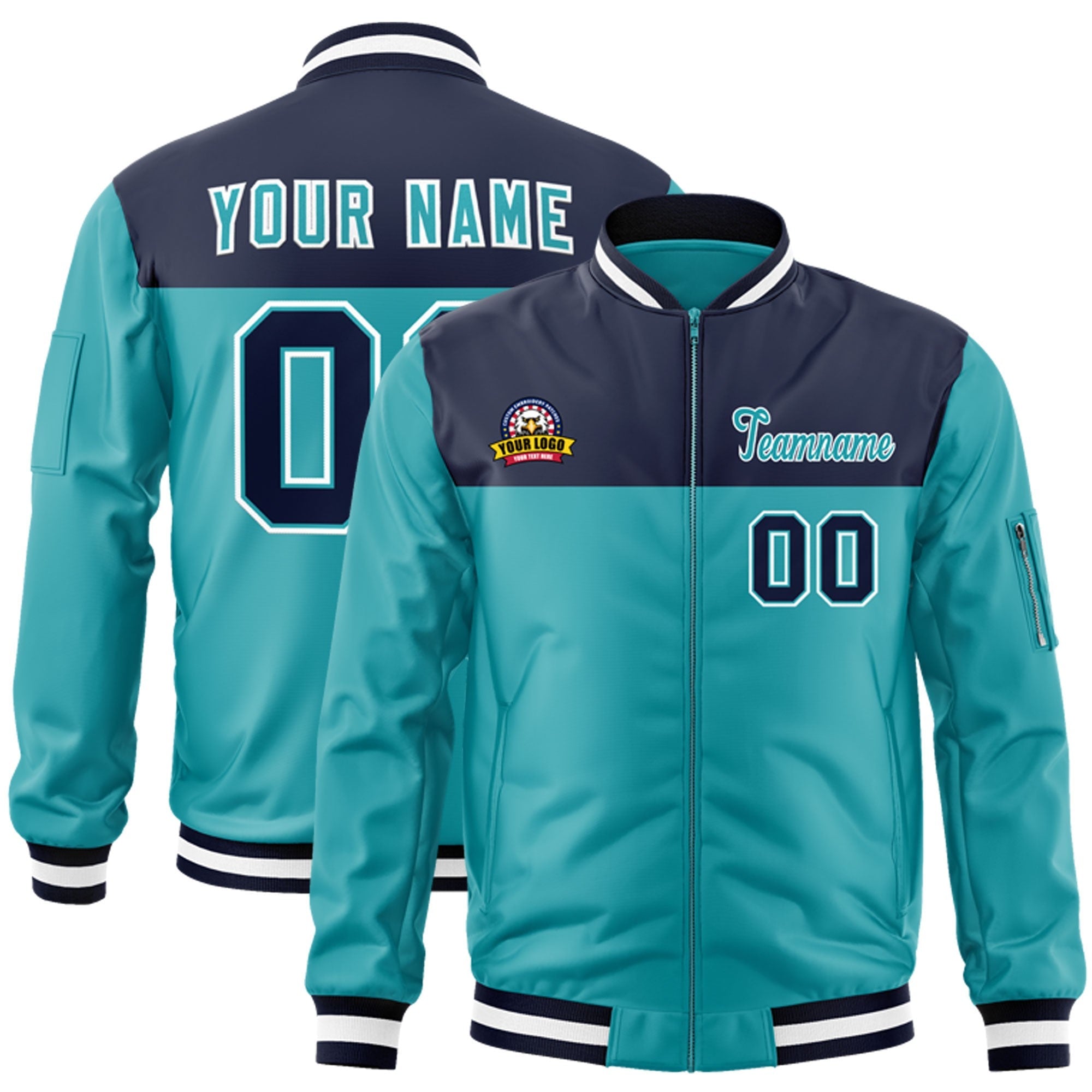 Custom Navy Aqua Varsity Full-Zip Color Block Letterman Bomber Jacket