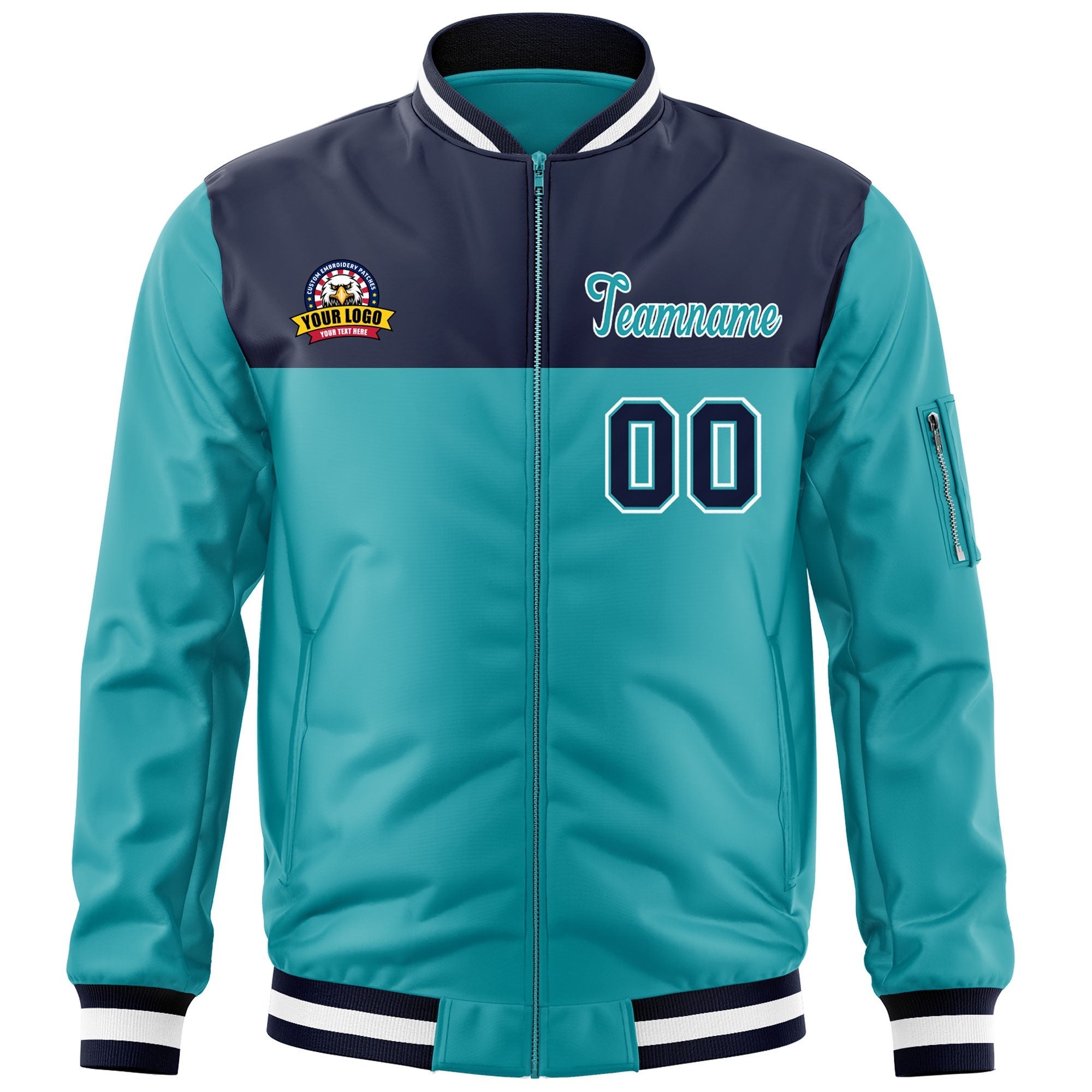 Custom Navy Aqua Varsity Full-Zip Color Block Letterman Bomber Jacket