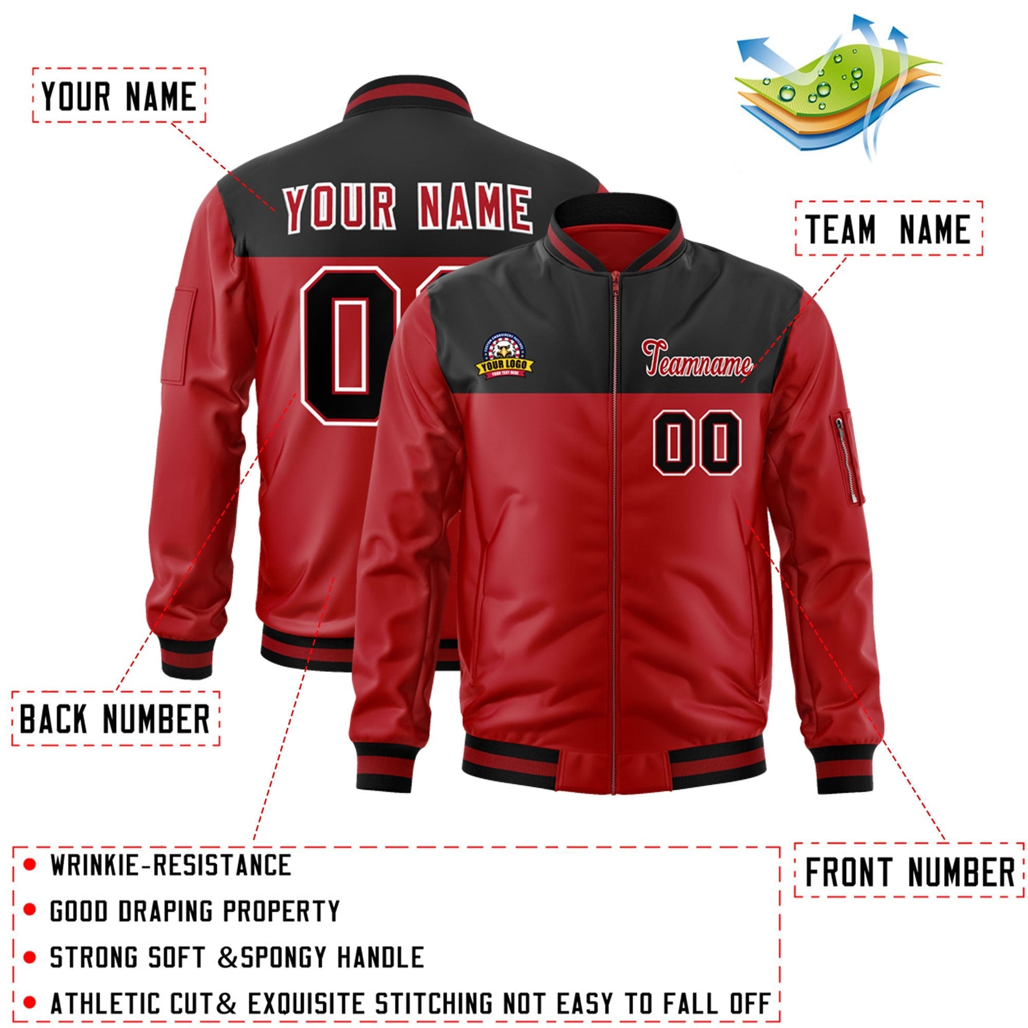 Custom Black Red Varsity Full-Zip Color Block Letterman Bomber Jacket