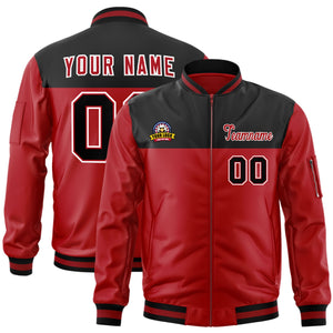 Custom Black Red Varsity Full-Zip Color Block Letterman Bomber Jacket