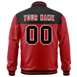 Custom Black Red Varsity Full-Zip Color Block Letterman Bomber Jacket