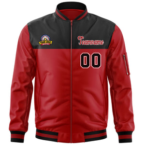 Custom Black Red Varsity Full-Zip Color Block Letterman Bomber Jacket