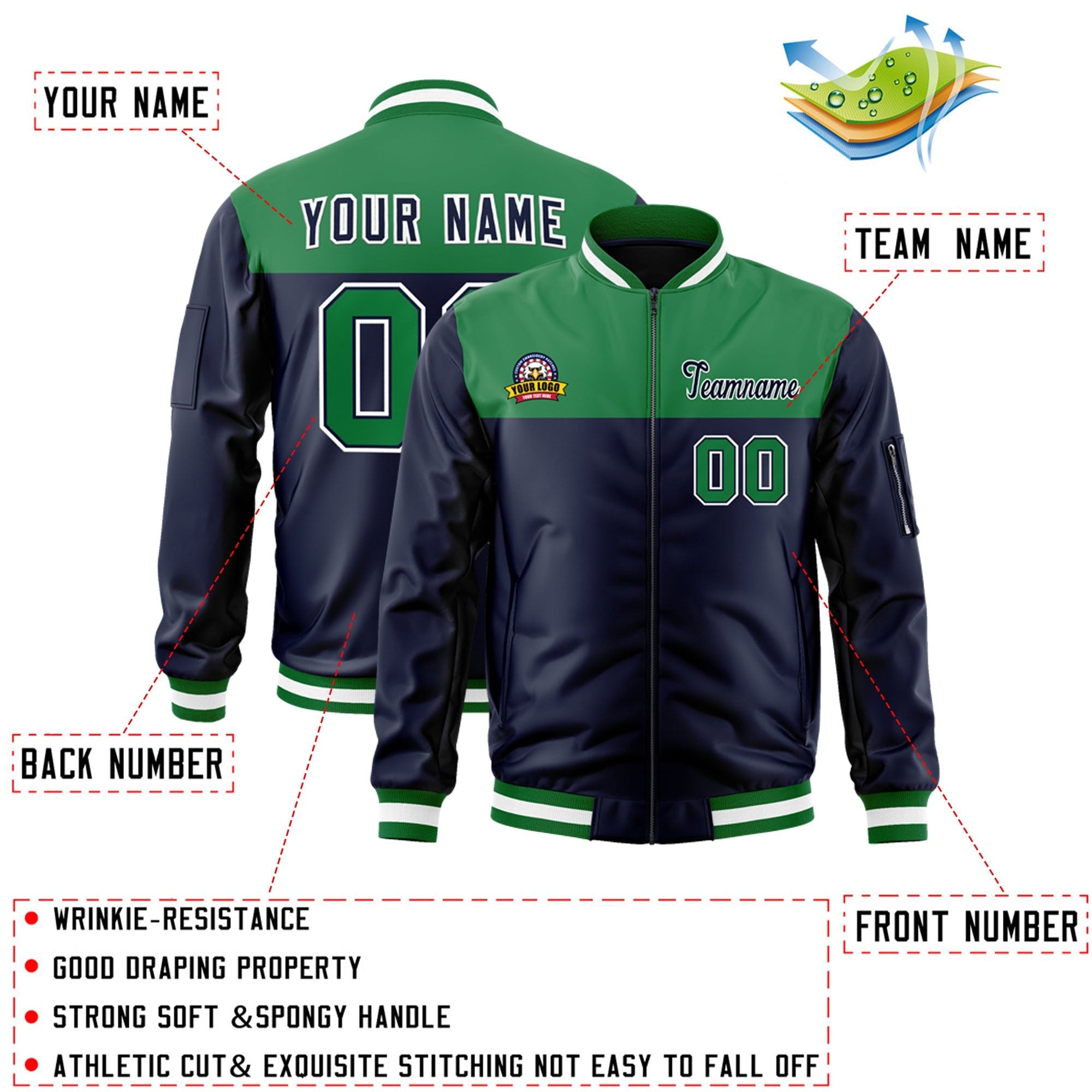 Custom Kelly Green Navy Varsity Full-Zip Color Block Letterman Bomber Jacket