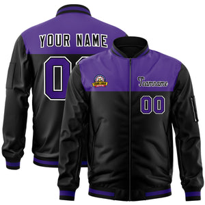 Custom Purple Black Varsity Full-Zip Color Block Letterman Bomber Jacket