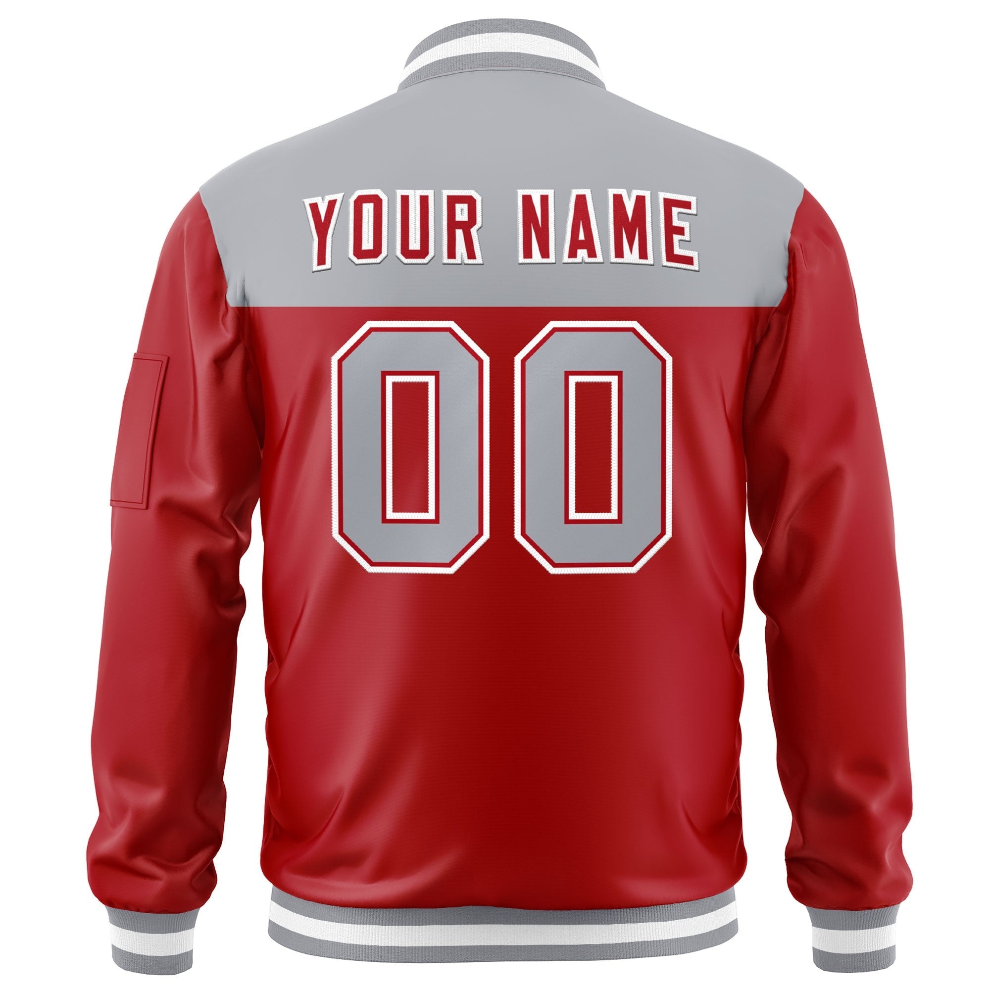 Custom Gray Red Varsity Full-Zip Color Block Letterman Bomber Jacket