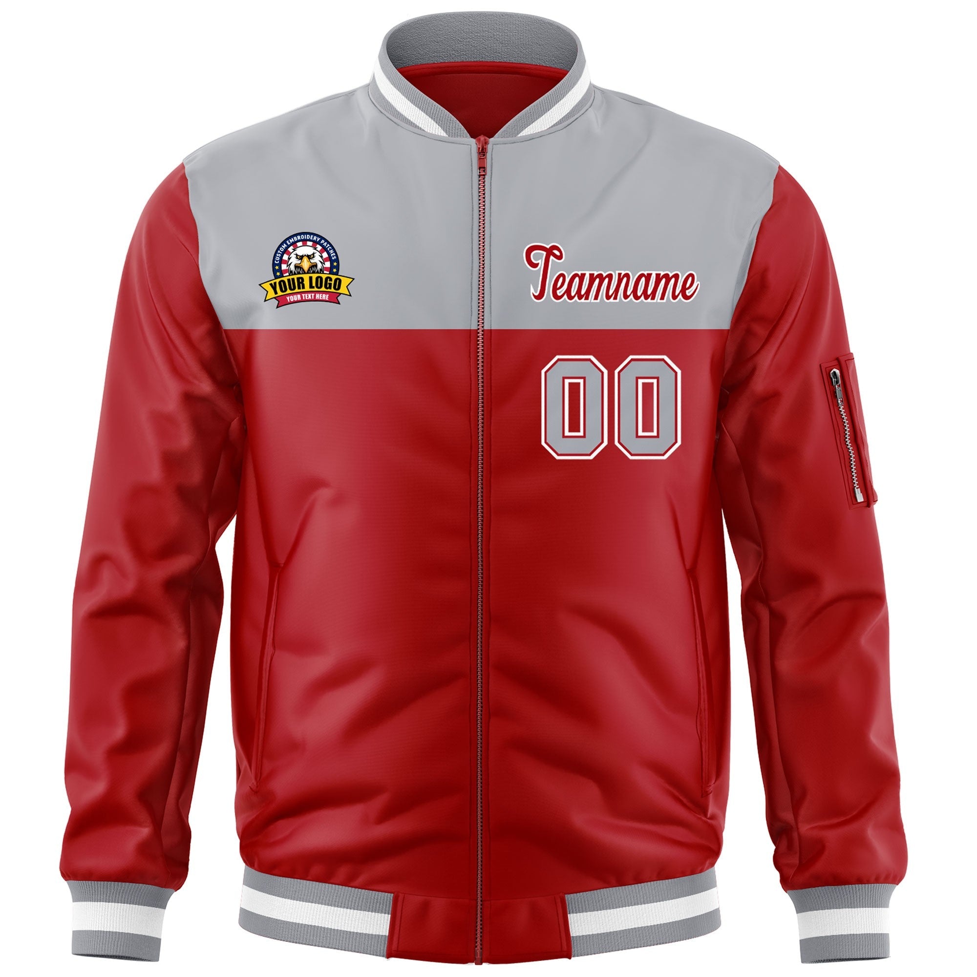 Custom Gray Red Varsity Full-Zip Color Block Letterman Bomber Jacket