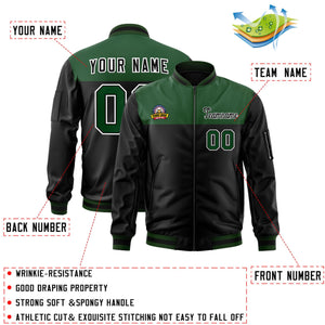 Custom Green Black Varsity Full-Zip Color Block Letterman Bomber Jacket