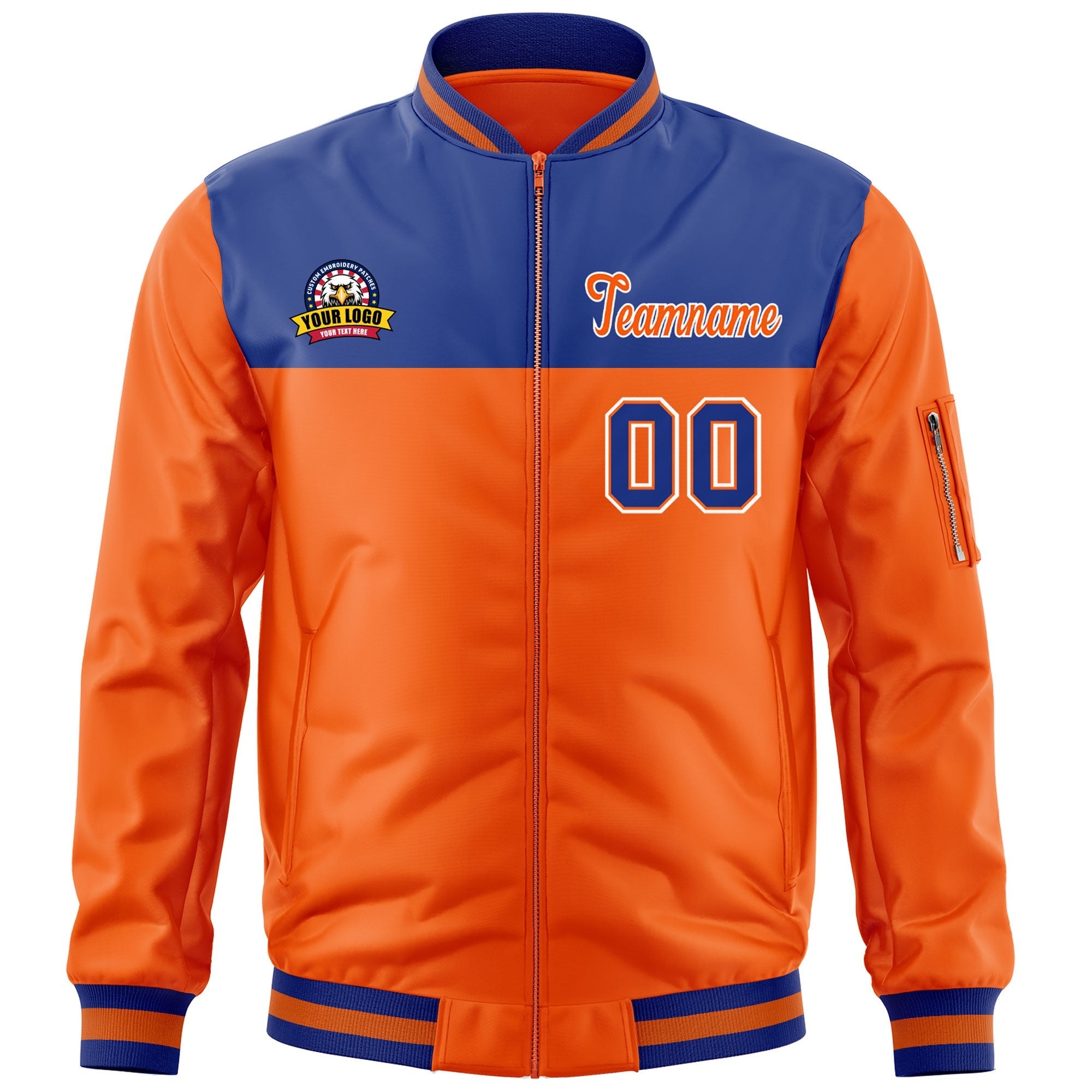 Custom Royal Orange Varsity Full-Zip Color Block Letterman Bomber Jacket