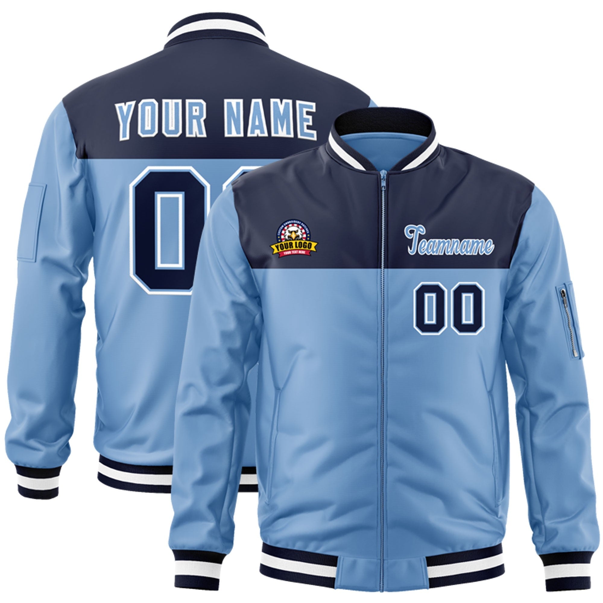 Custom Navy Light Blue Varsity Full-Zip Color Block Letterman Bomber Jacket