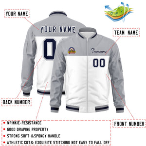 Custom Gray White Varsity Full-Zip Color Block Letterman Bomber Jacket