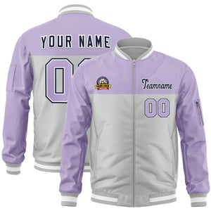 Custom Purple Gray Varsity Full-Zip Color Block Letterman Bomber Jacket