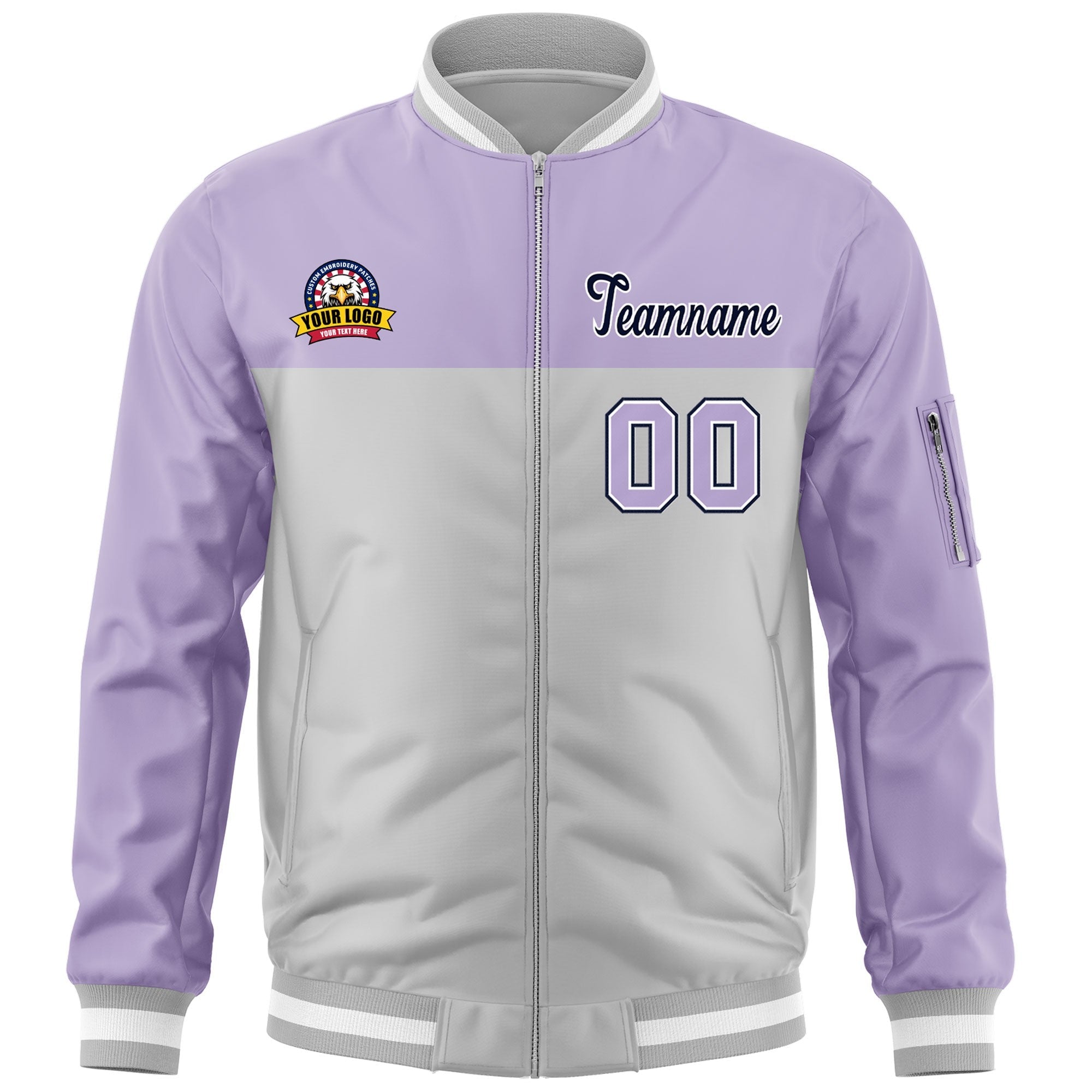 Custom Purple Gray Varsity Full-Zip Color Block Letterman Bomber Jacket