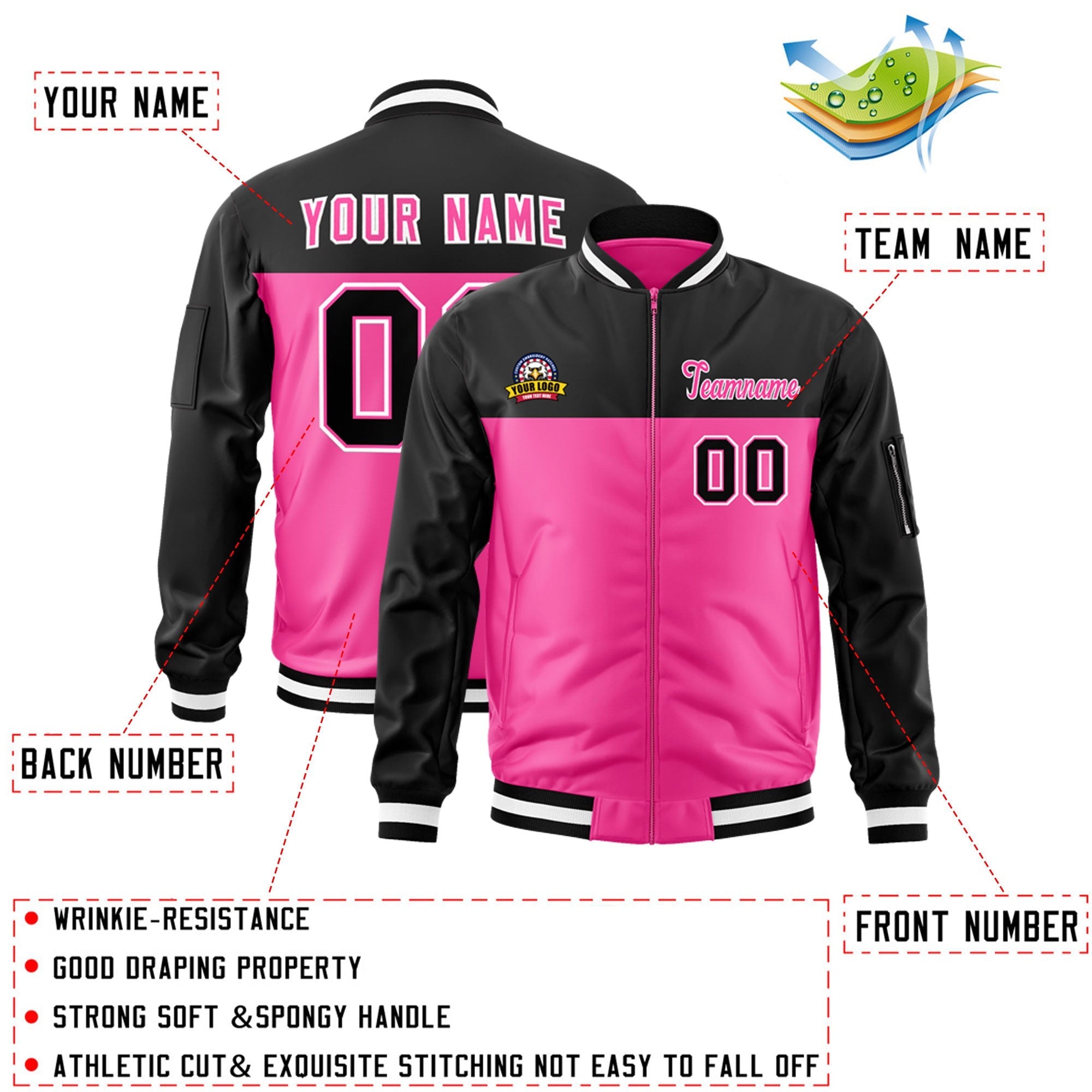 Custom Black Pink Varsity Full-Zip Color Block Letterman Bomber Jacket