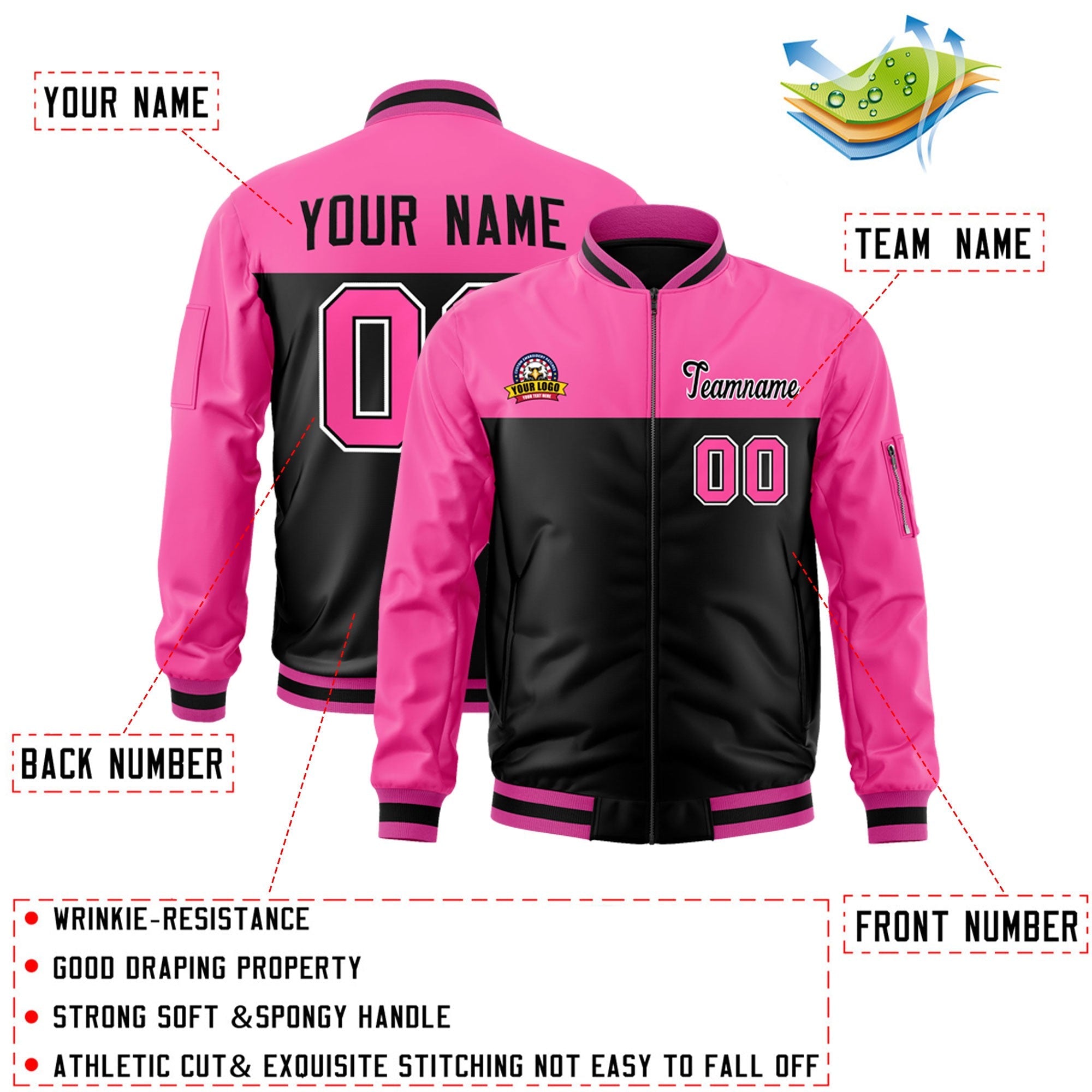 Custom Pink Black Varsity Full-Zip Color Block Letterman Bomber Jacket