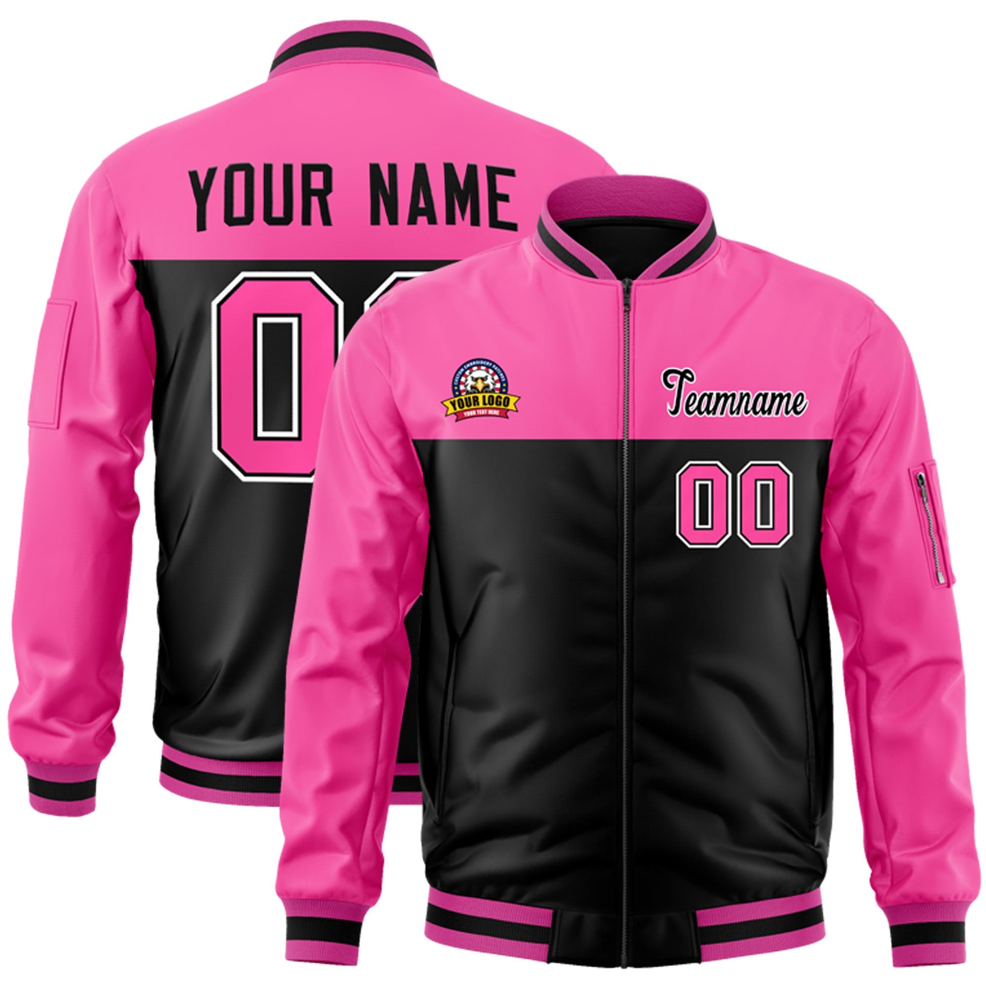 Custom Pink Black Varsity Full-Zip Color Block Letterman Bomber Jacket