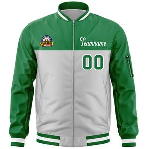 Custom Kelly Green Gray Varsity Full-Zip Color Block Letterman Bomber Jacket