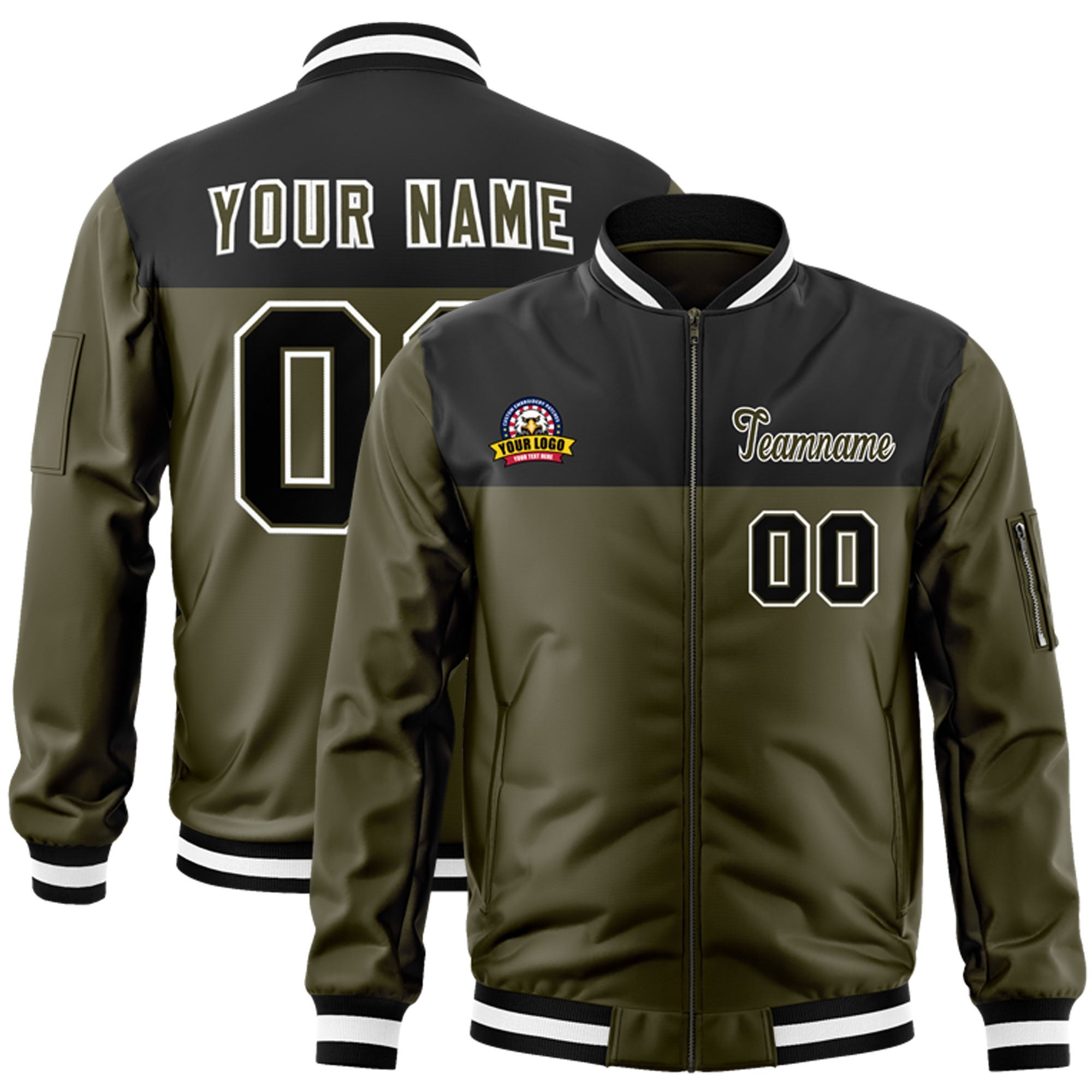 Custom Black Olive Varsity Full-Zip Color Block Letterman Bomber Jacket