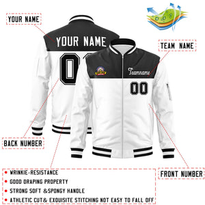 Custom Black White Varsity Full-Zip Color Block Letterman Bomber Jacket