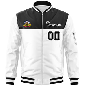 Custom Black White Varsity Full-Zip Color Block Letterman Bomber Jacket