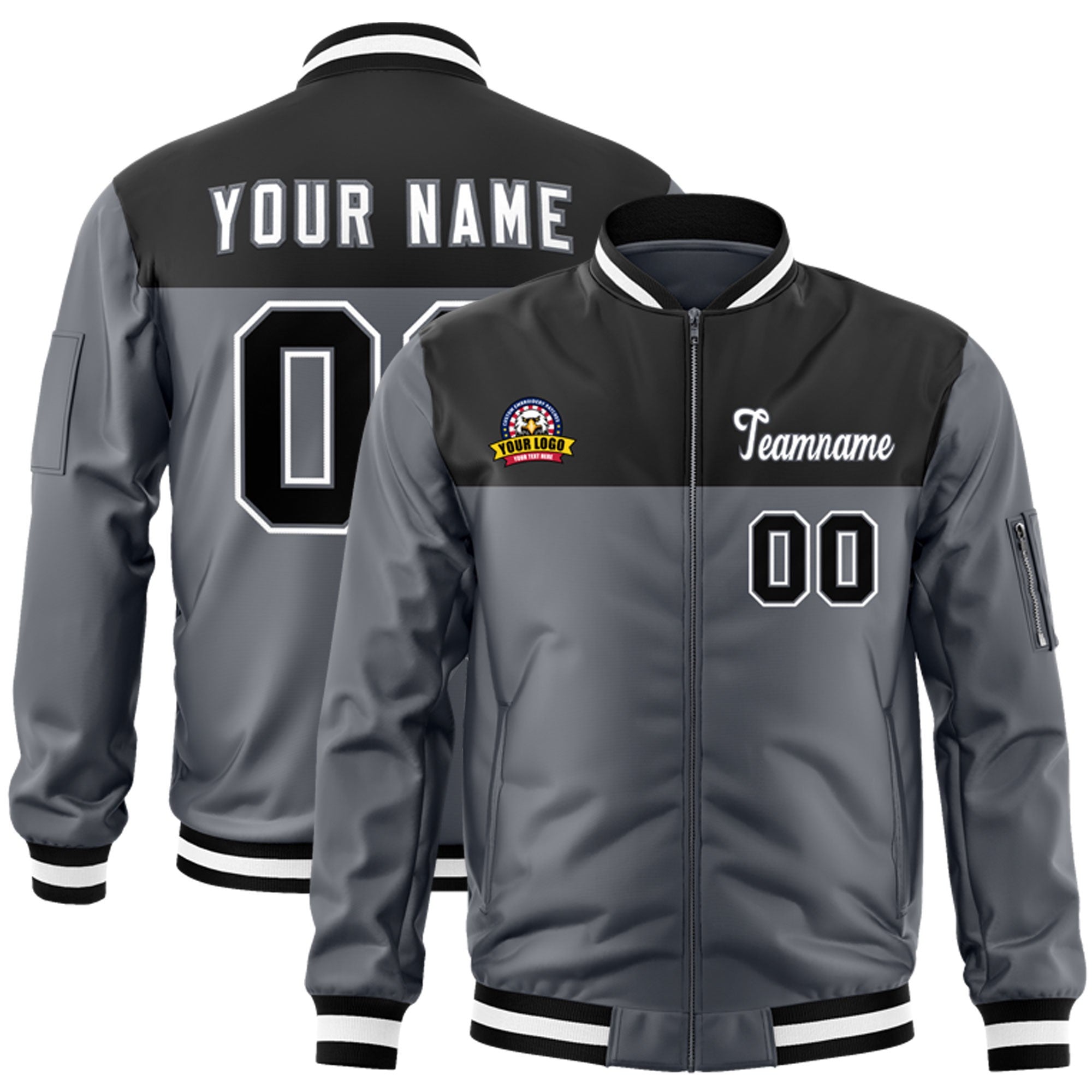 Custom Black Dark Gray Varsity Full-Zip Color Block Letterman Bomber Jacket