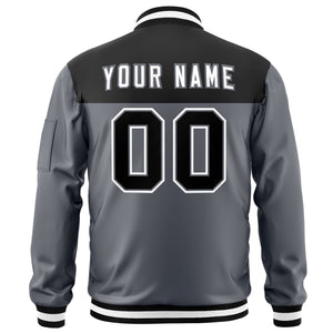 Custom Black Dark Gray Varsity Full-Zip Color Block Letterman Bomber Jacket