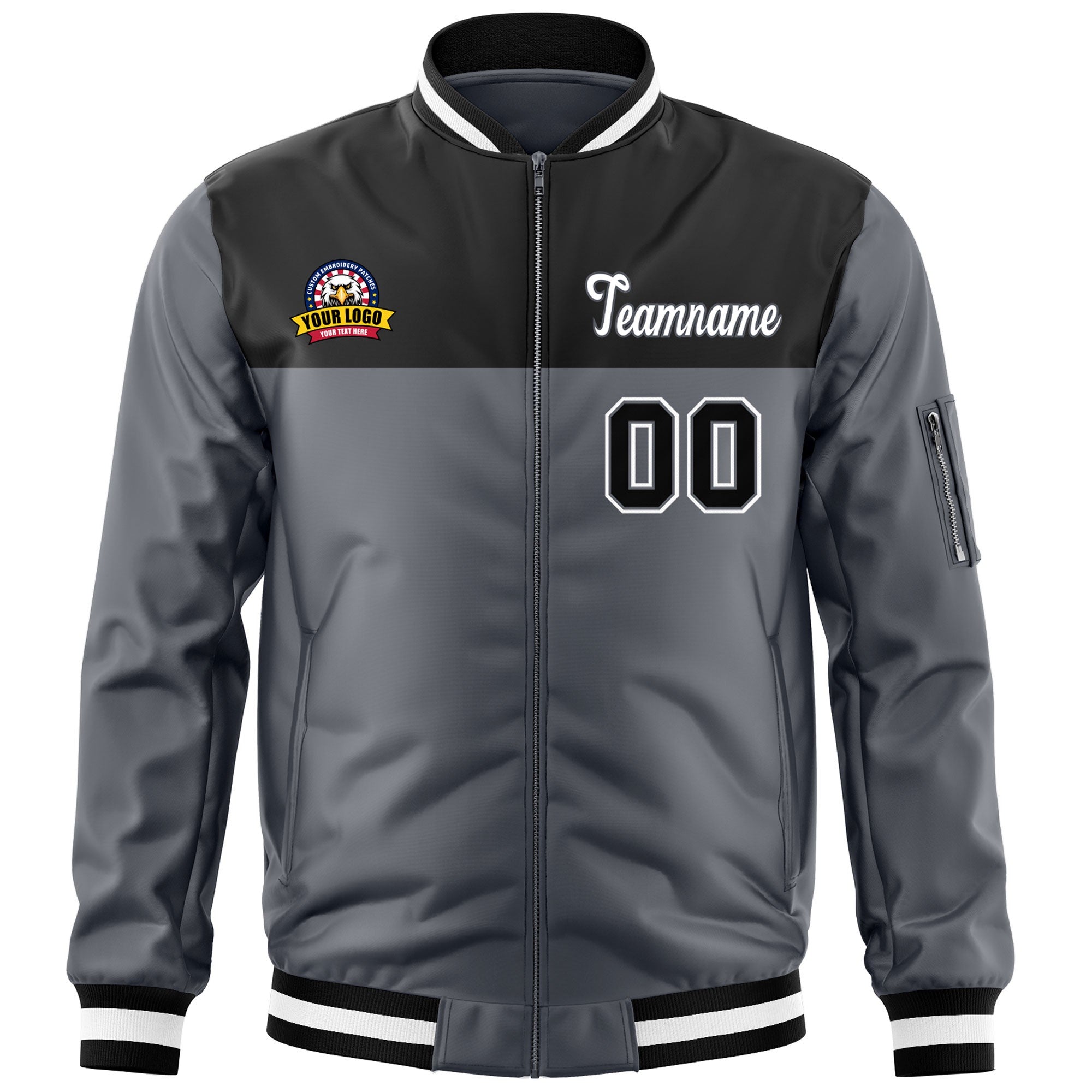 Custom Black Dark Gray Varsity Full-Zip Color Block Letterman Bomber Jacket