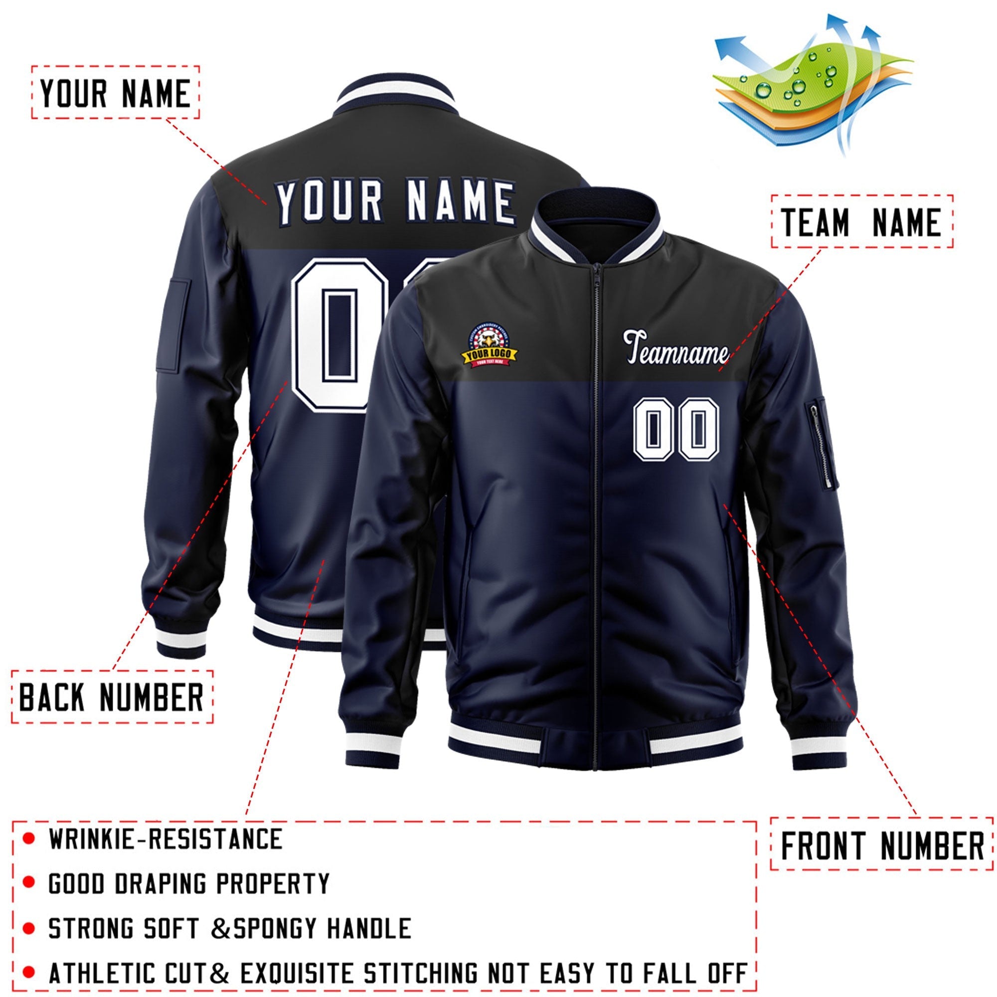 Custom Black Navy Varsity Full-Zip Color Block Letterman Bomber Jacket