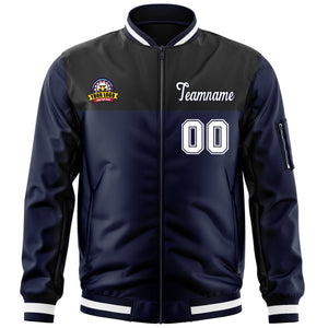 Custom Black Navy Varsity Full-Zip Color Block Letterman Bomber Jacket