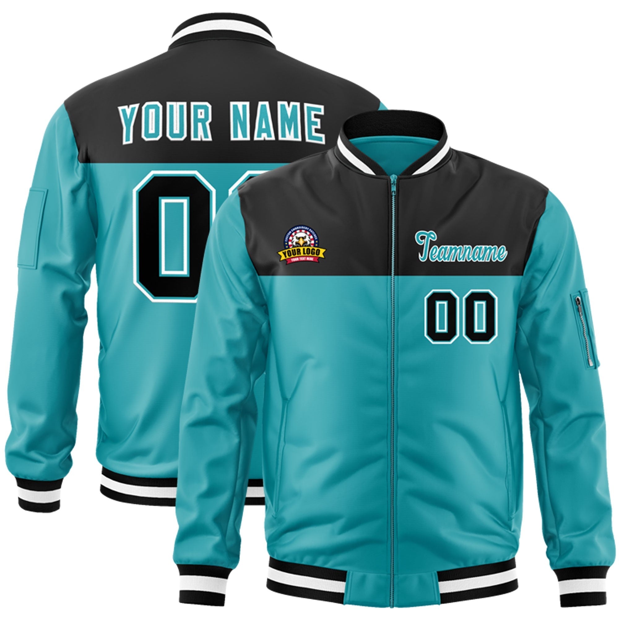 Custom Black Aqua Varsity Full-Zip Color Block Letterman Bomber Jacket