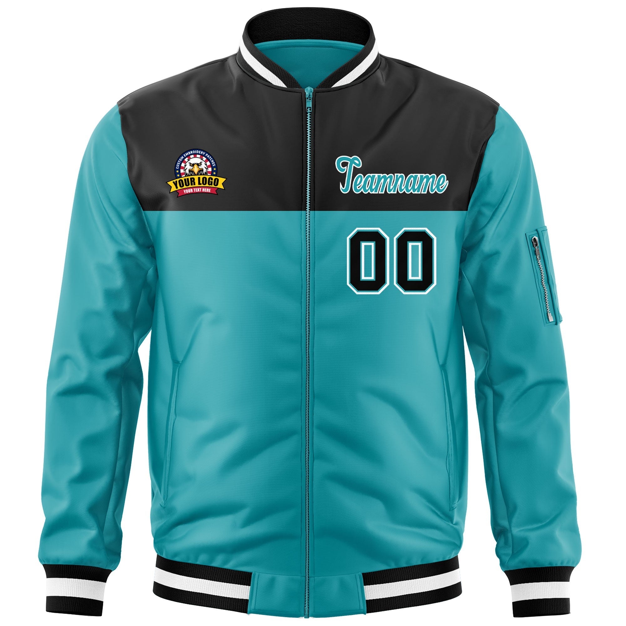 Custom Black Aqua Varsity Full-Zip Color Block Letterman Bomber Jacket