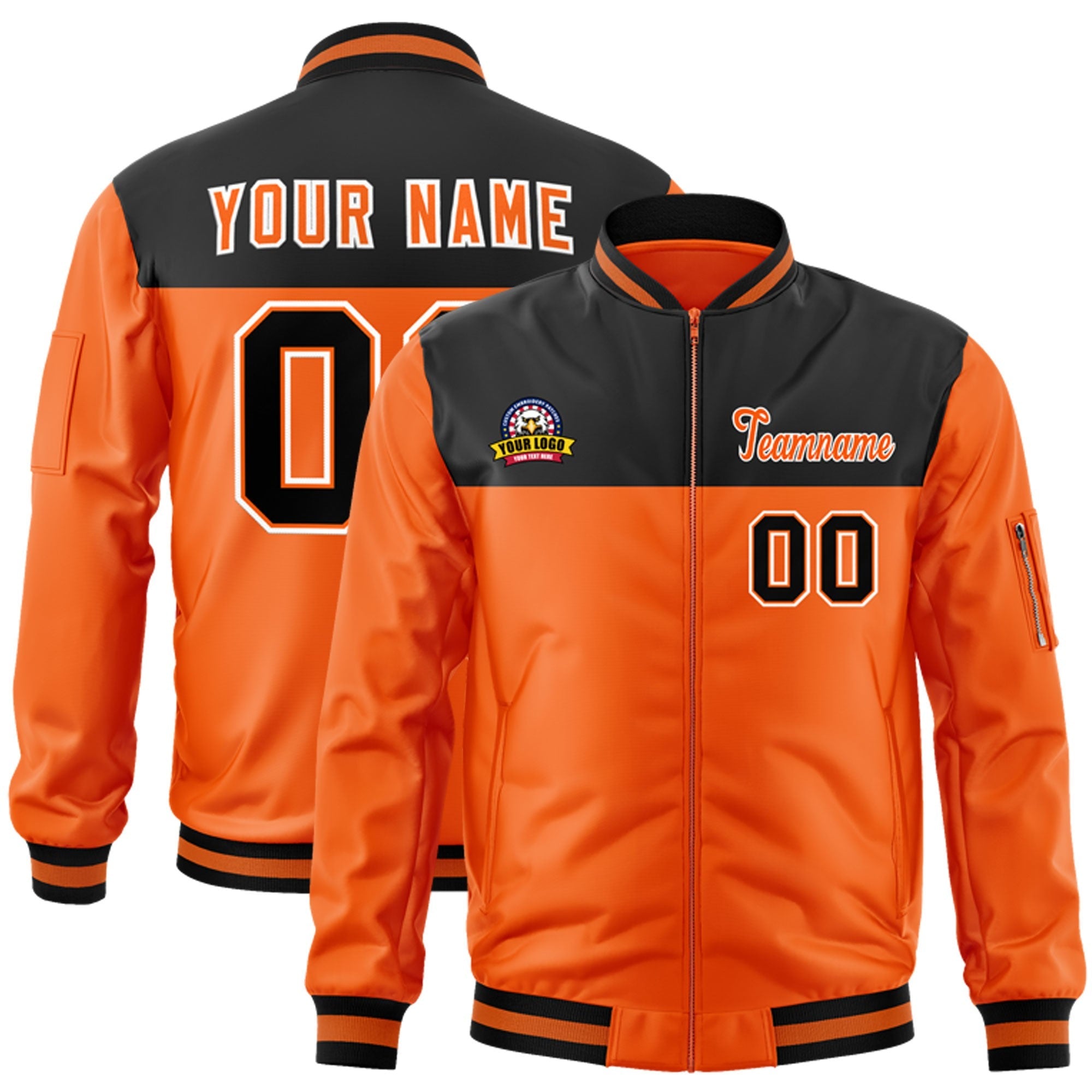 Custom Black Orange Varsity Full-Zip Color Block Letterman Bomber Jacket