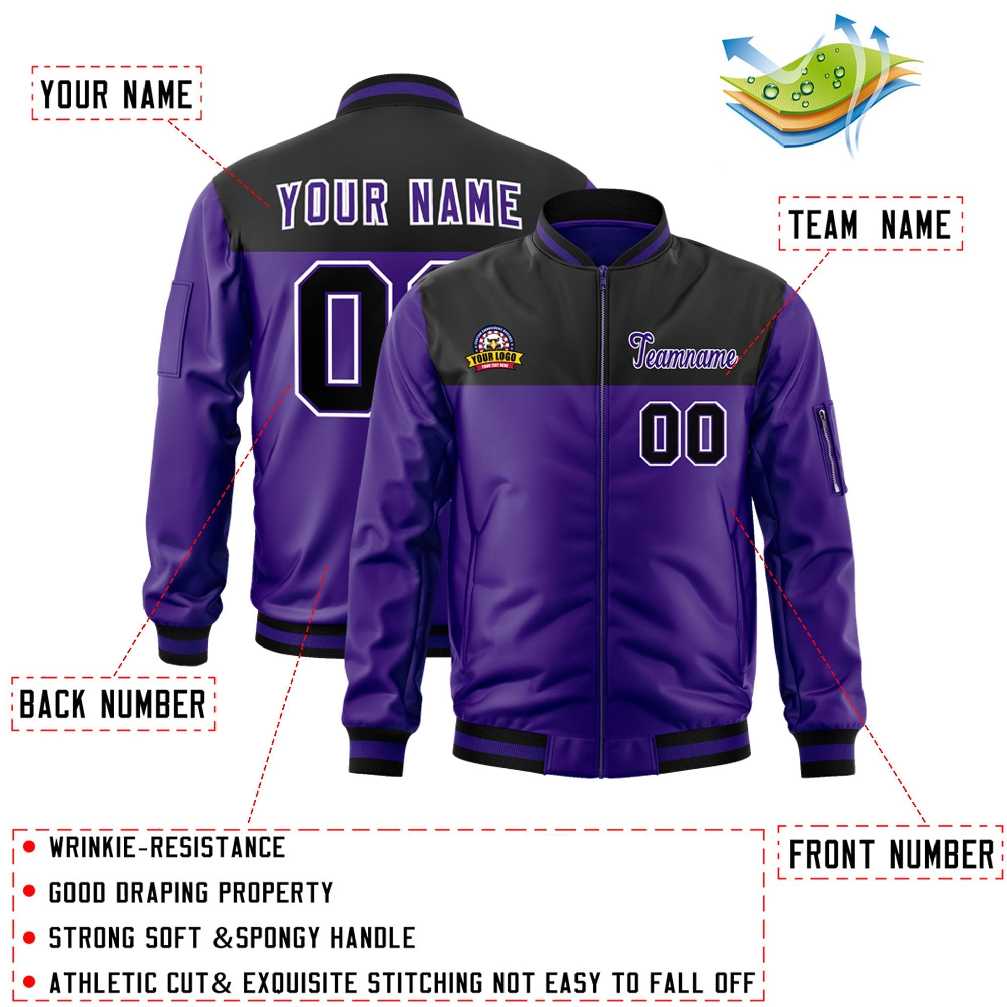 Custom Black Purple Varsity Full-Zip Color Block Letterman Bomber Jacket