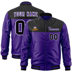 Custom Black Purple Varsity Full-Zip Color Block Letterman Bomber Jacket