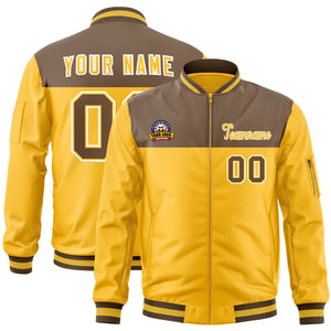 Custom Brown Yellow Varsity Full-Zip Color Block Letterman Bomber Jacket