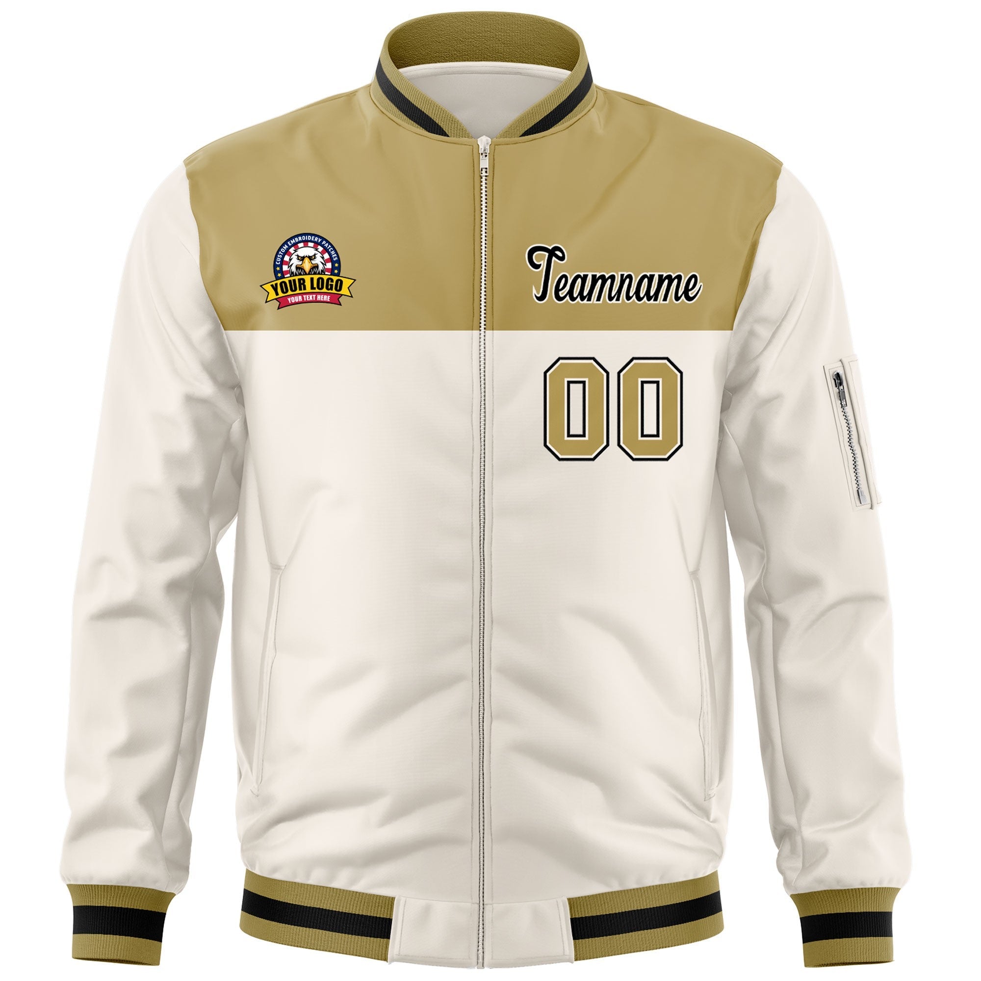 Custom Old Gold Cream Varsity Full-Zip Color Block Letterman Bomber Jacket