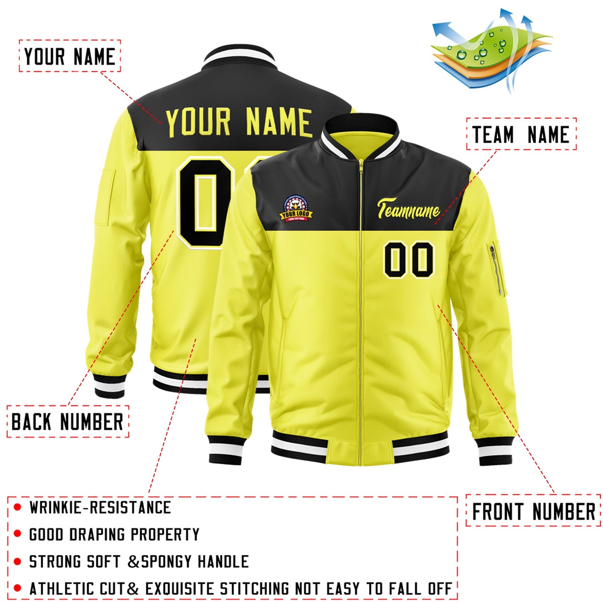 Custom Black Gold Varsity Full-Zip Color Block Letterman Bomber Jacket