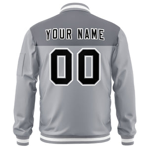 Custom Gray Black Varsity Full-Zip Color Block Letterman Bomber Jacket